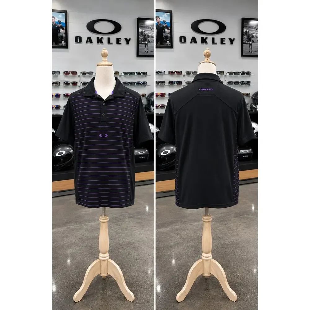 Oakley Black Purple Stripe Golf Polo Shirt Men’s Medium Regular Fit